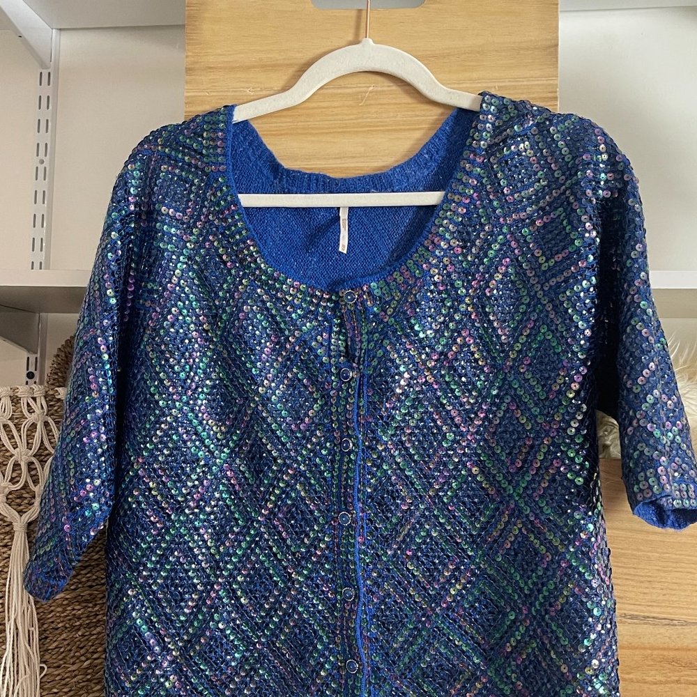 Free People Blue Sequin Sweater Blouse
